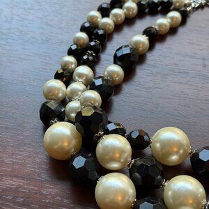 Chunky Black and White Statement Necklace with Faux Pearls and Lucite